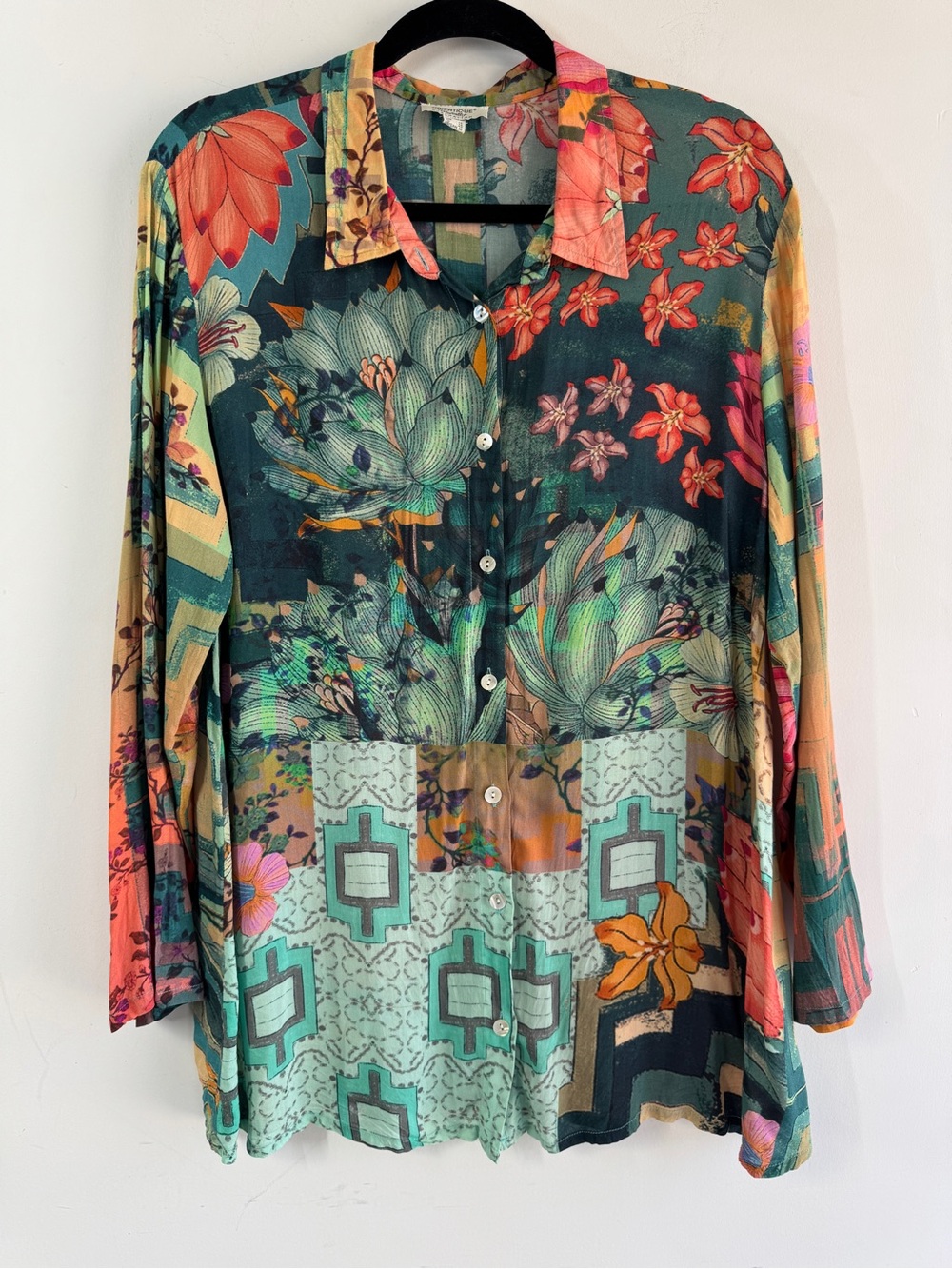 Orientique Button Front Floral Blouse Multicolor Medium Boho Artsy Travel Top